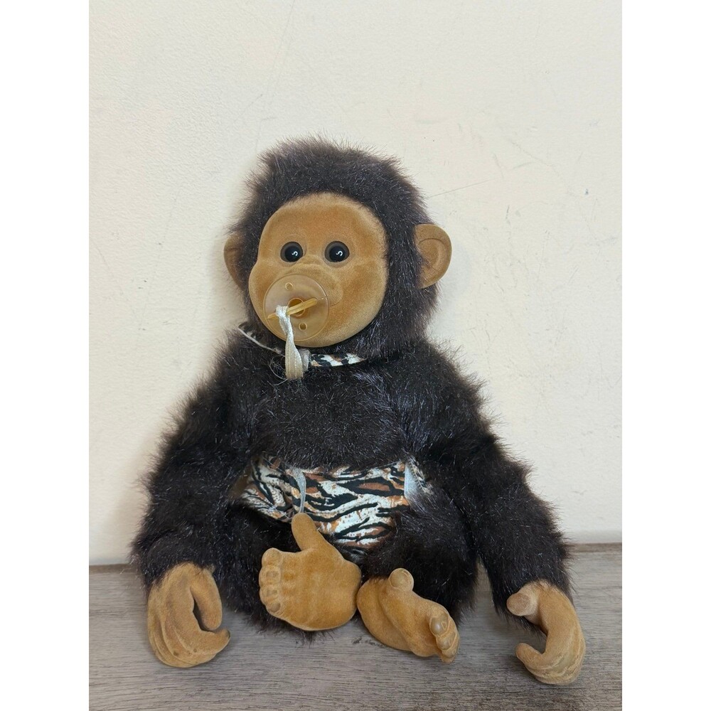 Hosung Baby Monkey Chimp Plush w/ Bib Pacifier Flocked Face 12”